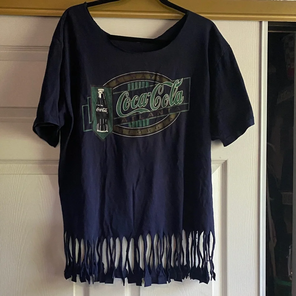 Coca Cola Navy Graphic “Always Atlanta” Fringe Hem XL Tee - Picture 1 of 8